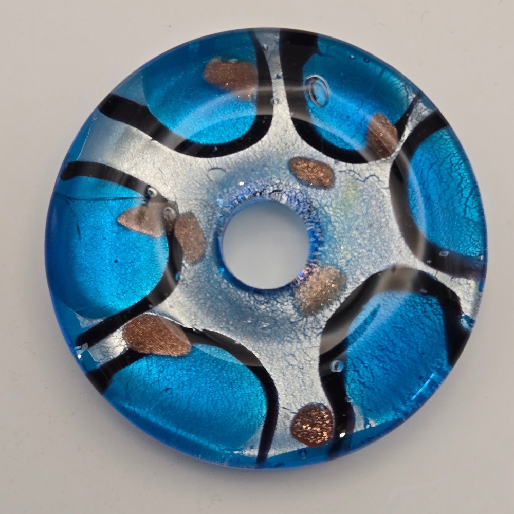 Artisan Glass Donut Pendant Blue Silver Foil Boho Statement Artistic Art Piece
